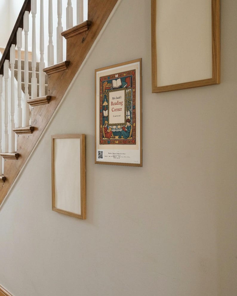 Personalised reading corner bookplate print in engraved ink on cream: a border of stacked books, a reading lamp and an open window, with Ex Libris above and a teacher's name and class year set in the centre.