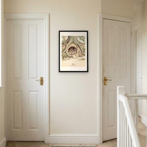 Personalised Peter Rabbit nursery print in the style of a Caldecott colour wood engraving: four little rabbits in a sand-bank under the root of a big fir tree, with the first line of the story and a band for the baby's name and date.