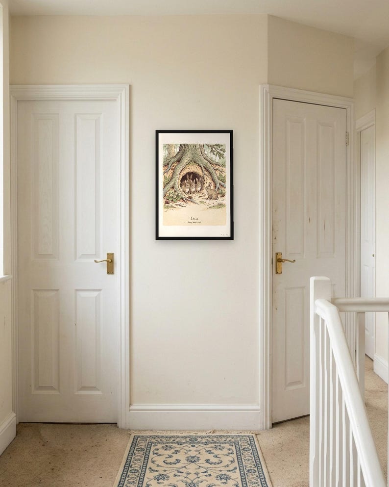 Personalised Peter Rabbit nursery print in the style of a Caldecott colour wood engraving: four little rabbits in a sand-bank under the root of a big fir tree, with the first line of the story and a band for the baby's name and date.