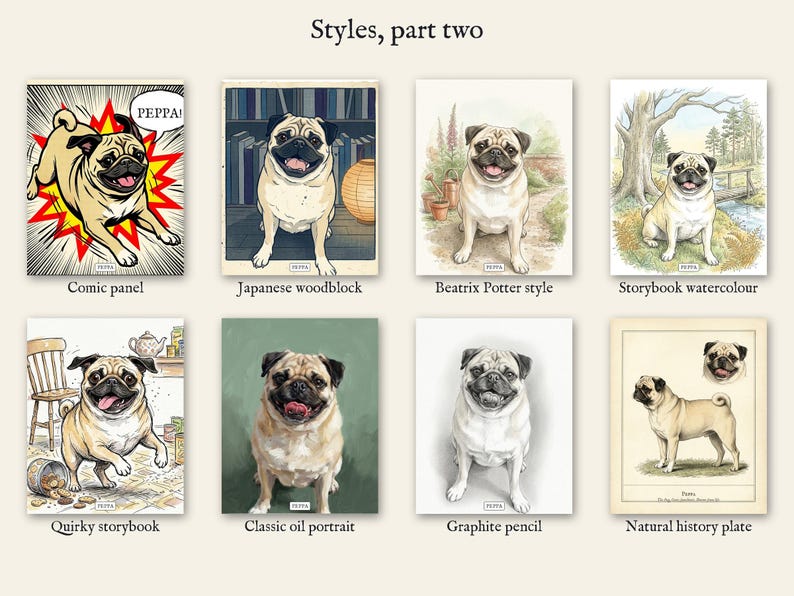 Personalised pet portrait print: Eight more styles, from storybook to classic oil
