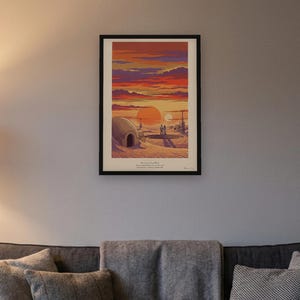 Twin suns sci fi art print in French colour lithograph style: two figures watch twin suns set over a desert homestead of domes and water towers at dusk. Shown framed in black, white or natural oak and unframed, with the style reference and behind-the-scenes shots.