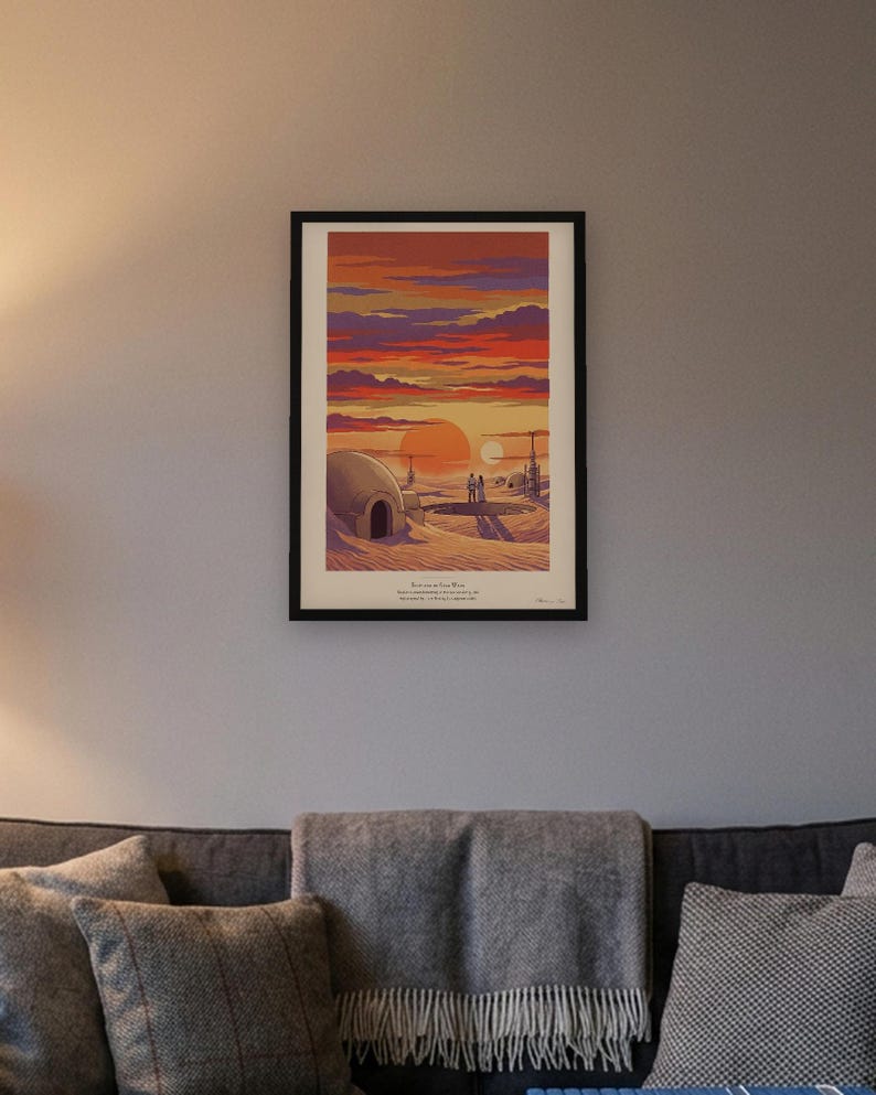 Twin suns sci fi art print in French colour lithograph style: two figures watch twin suns set over a desert homestead of domes and water towers at dusk. Shown framed in black, white or natural oak and unframed, with the style reference and behind-the-scenes shots.