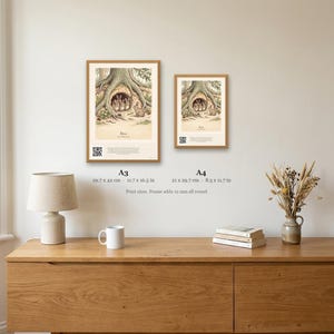 Personalised Peter Rabbit nursery print in the style of a Caldecott colour wood engraving: four little rabbits in a sand-bank under the root of a big fir tree, with the first line of the story and a band for the baby's name and date.