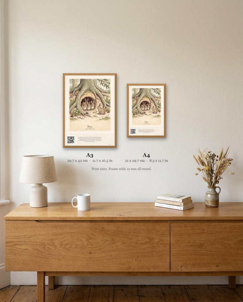 Personalised Peter Rabbit nursery print in the style of a Caldecott colour wood engraving: four little rabbits in a sand-bank under the root of a big fir tree, with the first line of the story and a band for the baby's name and date.