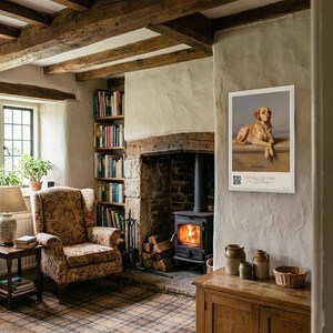 Personalised dog memorial print in the style of Edwin Landseer: a gentle portrait of a dog at rest, with Lord Byron's epitaph, Beauty without Vanity, Strength without Insolence, Courage without Ferocity, and a line for the dog's name and years.