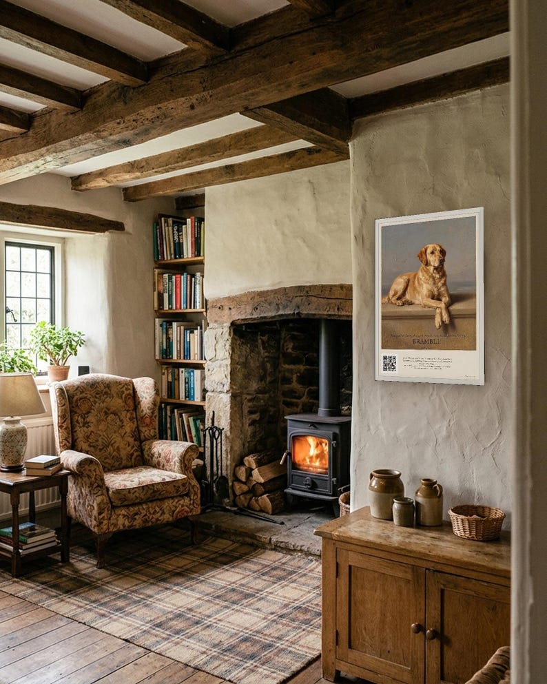 Personalised dog memorial print in the style of Edwin Landseer: a gentle portrait of a dog at rest, with Lord Byron's epitaph, Beauty without Vanity, Strength without Insolence, Courage without Ferocity, and a line for the dog's name and years.