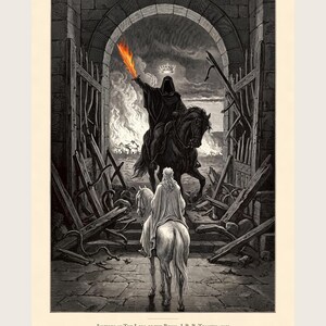 Lord of the Rings Art Print, Minas Tirith Gate Wood Engraving Poster, Dark Fantasy Tolkien Gift image 1