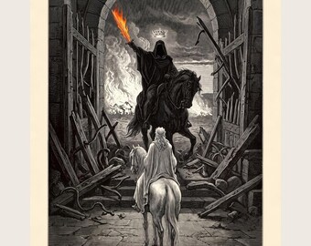 Lord of the Rings Art Print, Minas Tirith Gate Wood Engraving Poster, Dark Fantasy Tolkien Gift