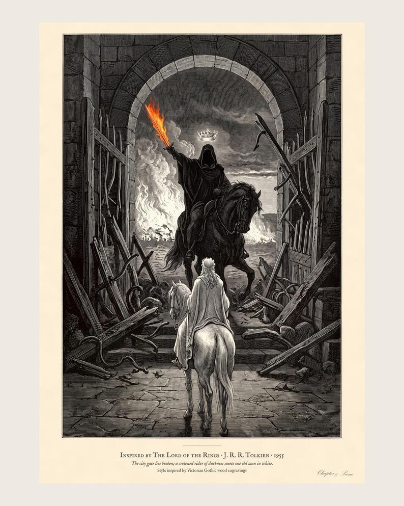 Lord of the Rings Art Print, Minas Tirith Gate Wood Engraving Poster, Dark Fantasy Tolkien Gift image 1