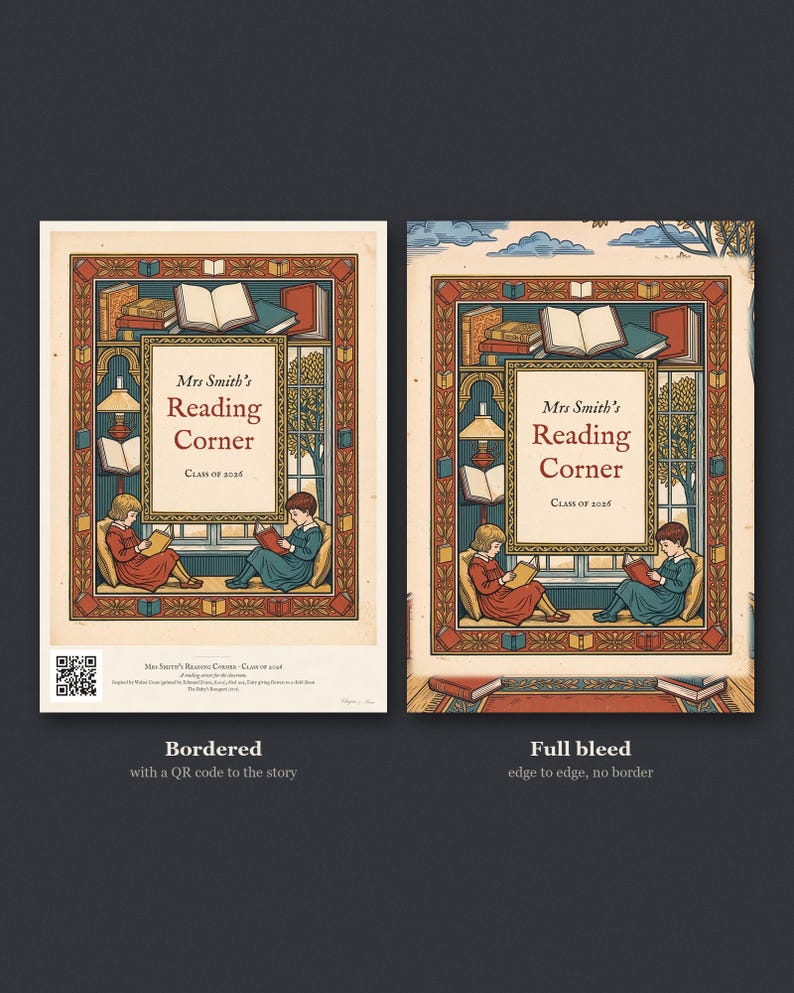 Personalised reading corner bookplate print in engraved ink on cream: a border of stacked books, a reading lamp and an open window, with Ex Libris above and a teacher's name and class year set in the centre.