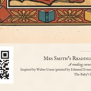 Personalised reading corner bookplate print in engraved ink on cream: a border of stacked books, a reading lamp and an open window, with Ex Libris above and a teacher's name and class year set in the centre.