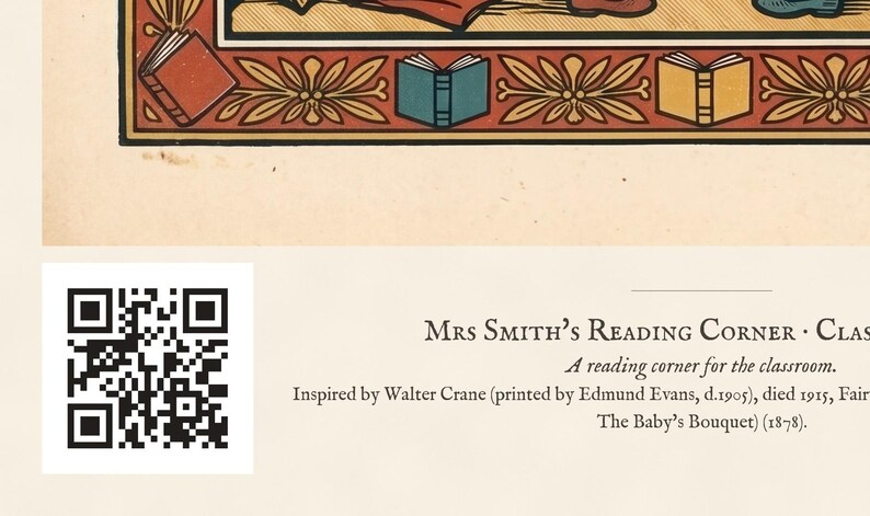 Personalised reading corner bookplate print in engraved ink on cream: a border of stacked books, a reading lamp and an open window, with Ex Libris above and a teacher's name and class year set in the centre.