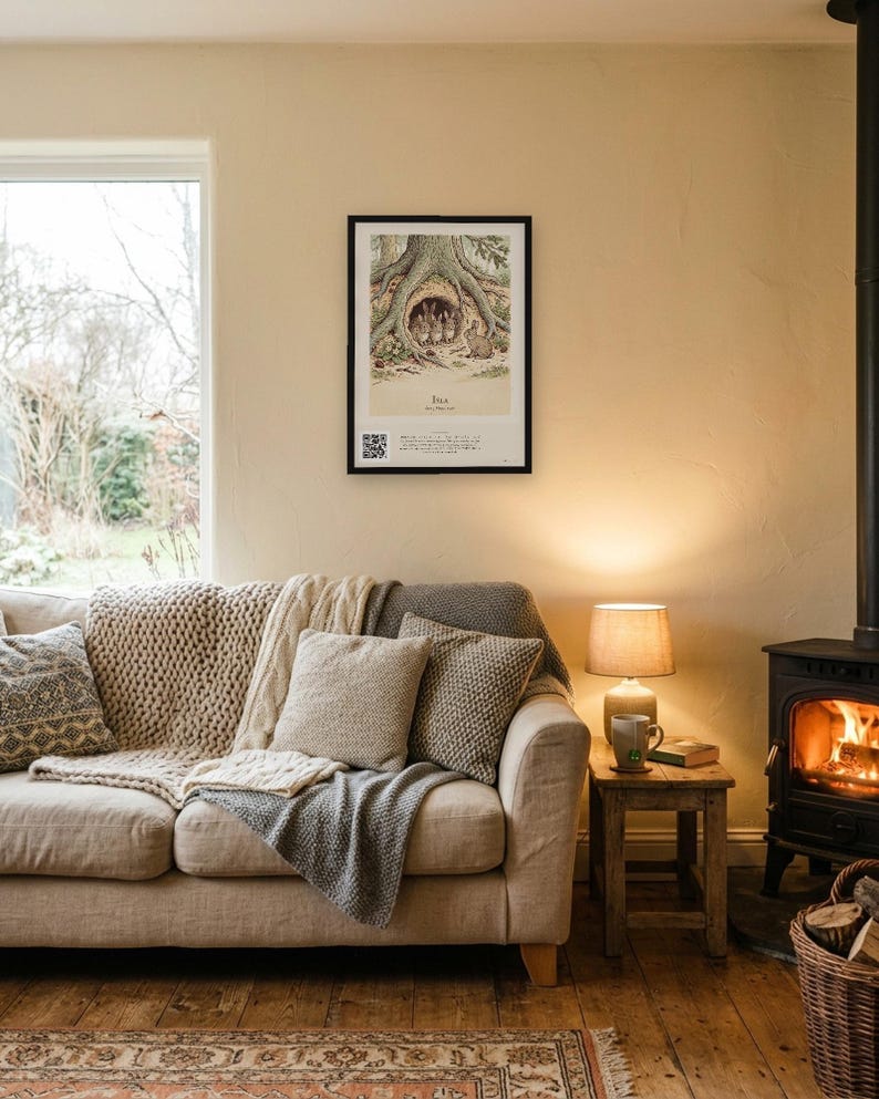 Personalised Peter Rabbit nursery print in the style of a Caldecott colour wood engraving: four little rabbits in a sand-bank under the root of a big fir tree, with the first line of the story and a band for the baby's name and date.
