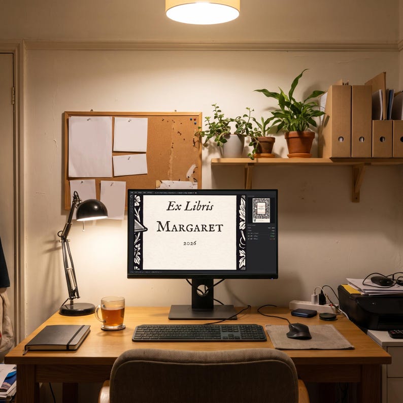 Personalised ex libris bookplate print in engraved ink on cream: a border of stacked books, a reading lamp and a cup of tea, with Ex Libris above and a mum's name and a year set in the centre.