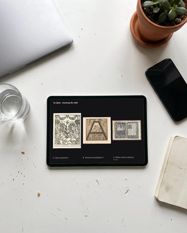 Personalised ex libris bookplate print in engraved ink on cream: a border of stacked books, a reading lamp and a cup of tea, with Ex Libris above and a mum's name and a year set in the centre.