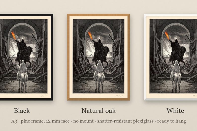 Lord of the Rings Art Print, Minas Tirith Gate Wood Engraving Poster, Dark Fantasy Tolkien Gift image 6