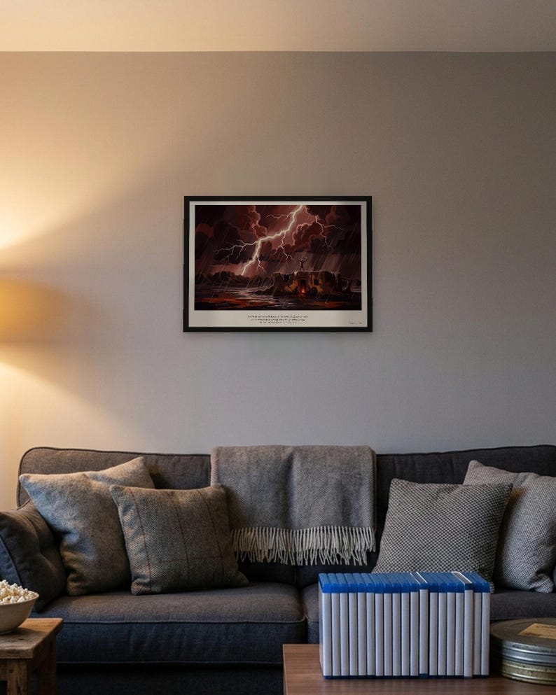 Blood Meridian art print in 1930s Southwest desert painting style: a pale figure stands on the roof of a ruined adobe with arms raised to the lightning, men round a fire in the doorway below, rain over the desert. Shown framed in black, white or natural oak and unframed, with the style reference and behind-the-scenes shots.