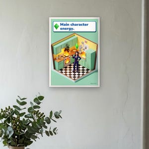 Main character energy funny kitchen print in bright life-sim game style: a calm woman in navy pyjamas holds a glass of red wine while her mint and lemon kitchen burns around her. Shown framed in black, white or natural oak and unframed, with behind-the-scenes shots.