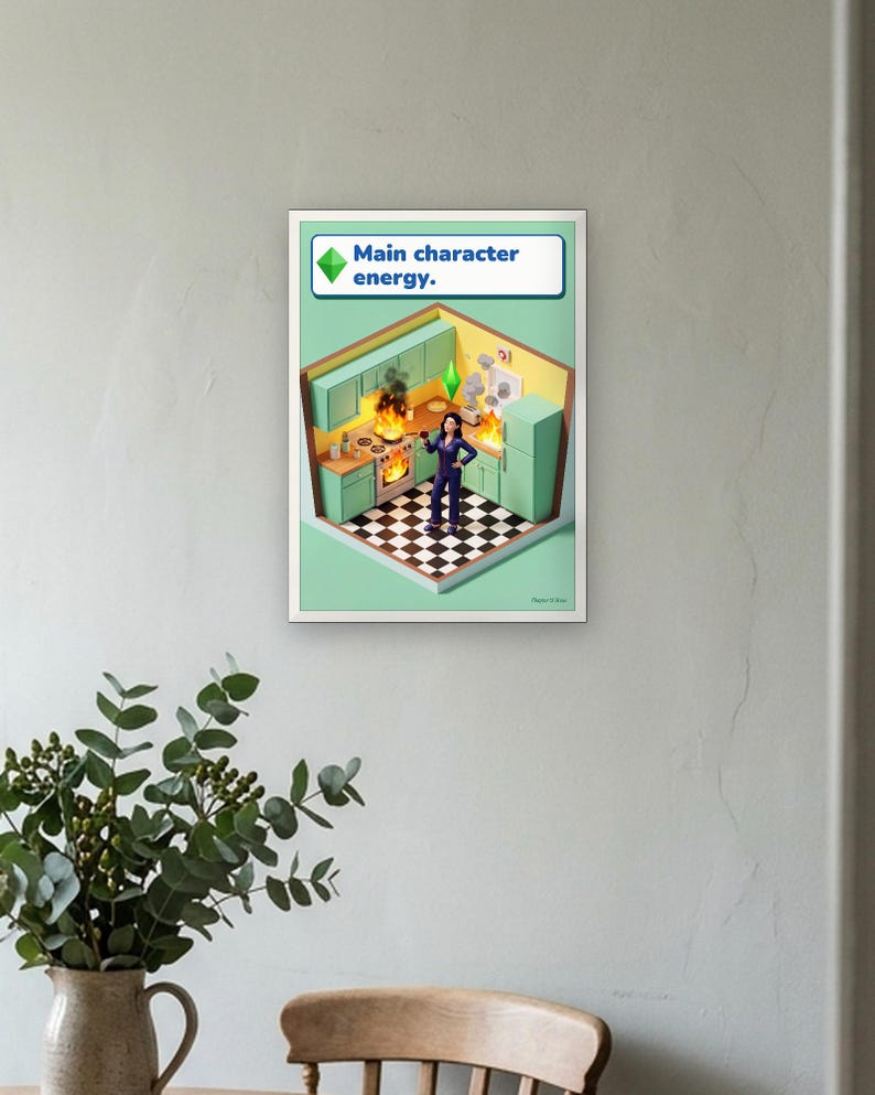 Main character energy funny kitchen print in bright life-sim game style: a calm woman in navy pyjamas holds a glass of red wine while her mint and lemon kitchen burns around her. Shown framed in black, white or natural oak and unframed, with behind-the-scenes shots.