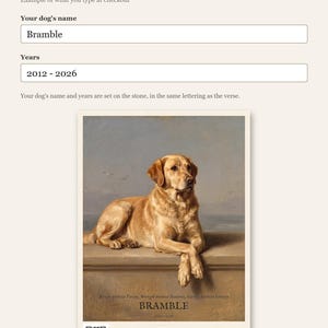 Personalised dog memorial print in the style of Edwin Landseer: a gentle portrait of a dog at rest, with Lord Byron's epitaph, Beauty without Vanity, Strength without Insolence, Courage without Ferocity, and a line for the dog's name and years.