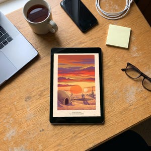 Twin Suns Sci Fi Art Print, Binary Sunset Desert Homestead, Retro Lithograph Style Wall Art image 9