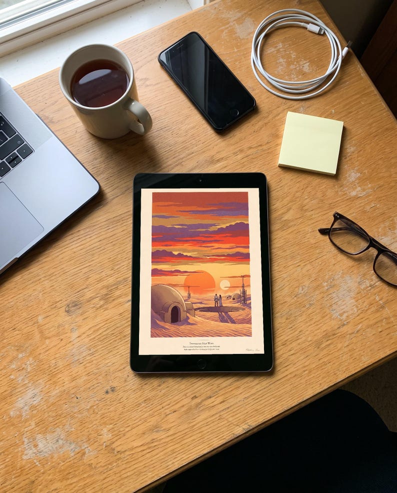 Twin Suns Sci Fi Art Print, Binary Sunset Desert Homestead, Retro Lithograph Style Wall Art image 9