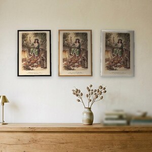 A Christmas Carol art print in Edwardian ink and watercolour style: the Ghost of Christmas Present in a green fur-trimmed robe and holly crown sits on a heap of Christmas food as Scrooge peers round the door. Shown framed in black, white or natural oak and unframed, with the style reference and behind-the-scenes shots.