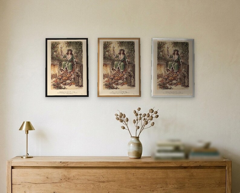 A Christmas Carol art print in Edwardian ink and watercolour style: the Ghost of Christmas Present in a green fur-trimmed robe and holly crown sits on a heap of Christmas food as Scrooge peers round the door. Shown framed in black, white or natural oak and unframed, with the style reference and behind-the-scenes shots.