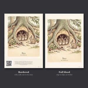 Personalised Peter Rabbit nursery print in the style of a Caldecott colour wood engraving: four little rabbits in a sand-bank under the root of a big fir tree, with the first line of the story and a band for the baby's name and date.
