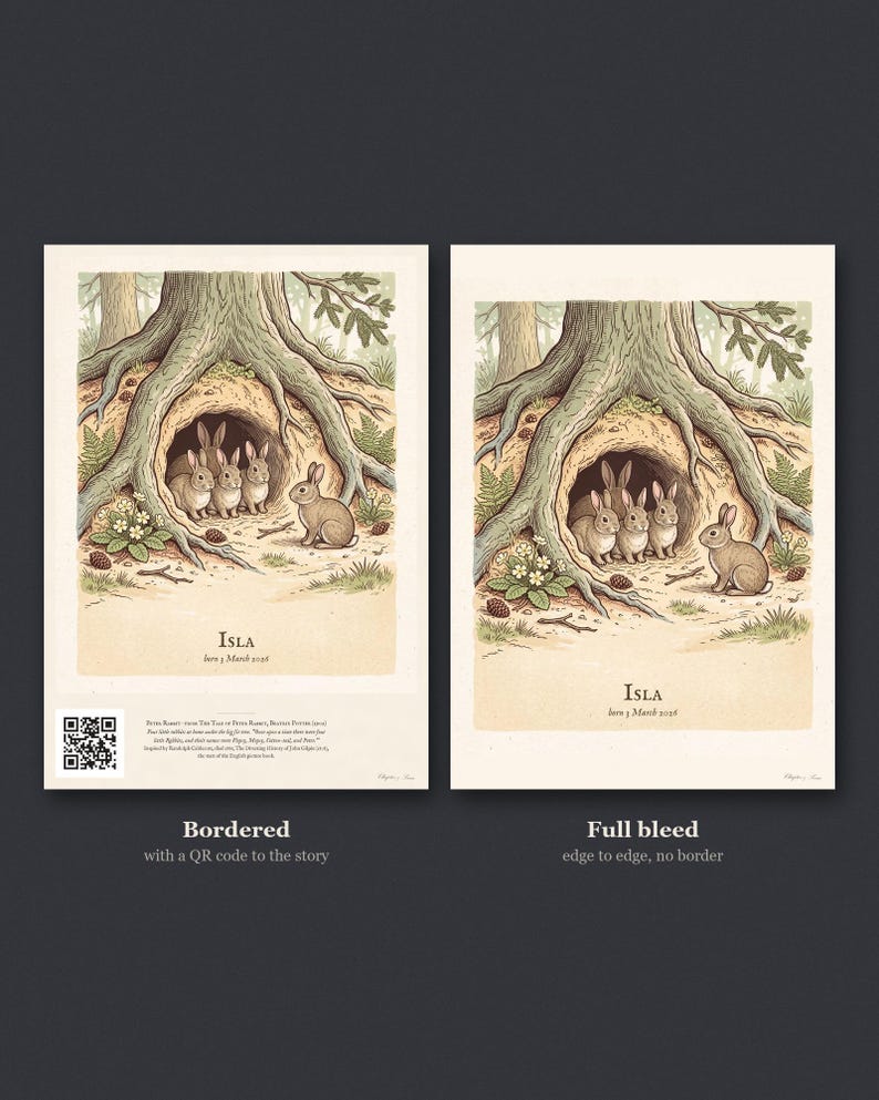 Personalised Peter Rabbit nursery print in the style of a Caldecott colour wood engraving: four little rabbits in a sand-bank under the root of a big fir tree, with the first line of the story and a band for the baby's name and date.