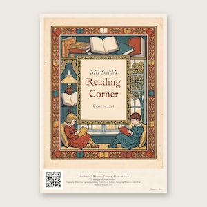 Personalised reading corner bookplate print in engraved ink on cream: a border of stacked books, a reading lamp and an open window, with Ex Libris above and a teacher's name and class year set in the centre.