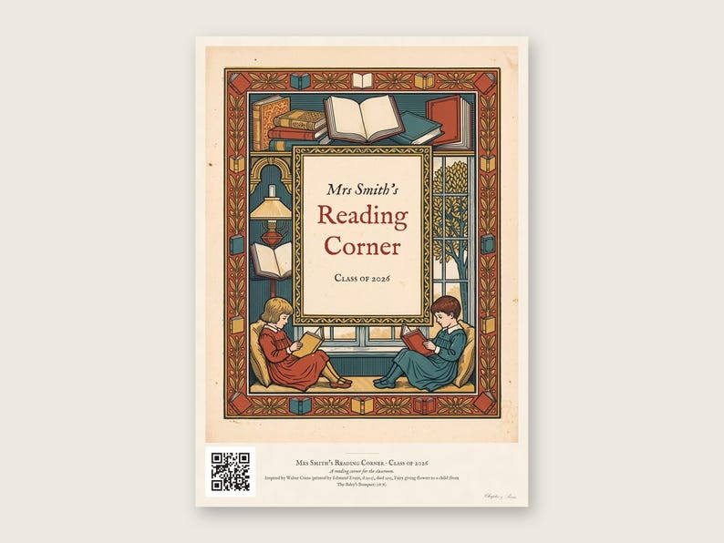 Personalised reading corner bookplate print in engraved ink on cream: a border of stacked books, a reading lamp and an open window, with Ex Libris above and a teacher's name and class year set in the centre.