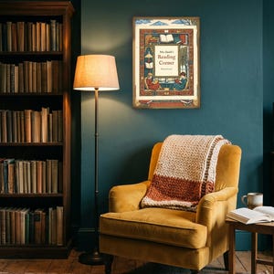 Personalised reading corner bookplate print in engraved ink on cream: a border of stacked books, a reading lamp and an open window, with Ex Libris above and a teacher's name and class year set in the centre.