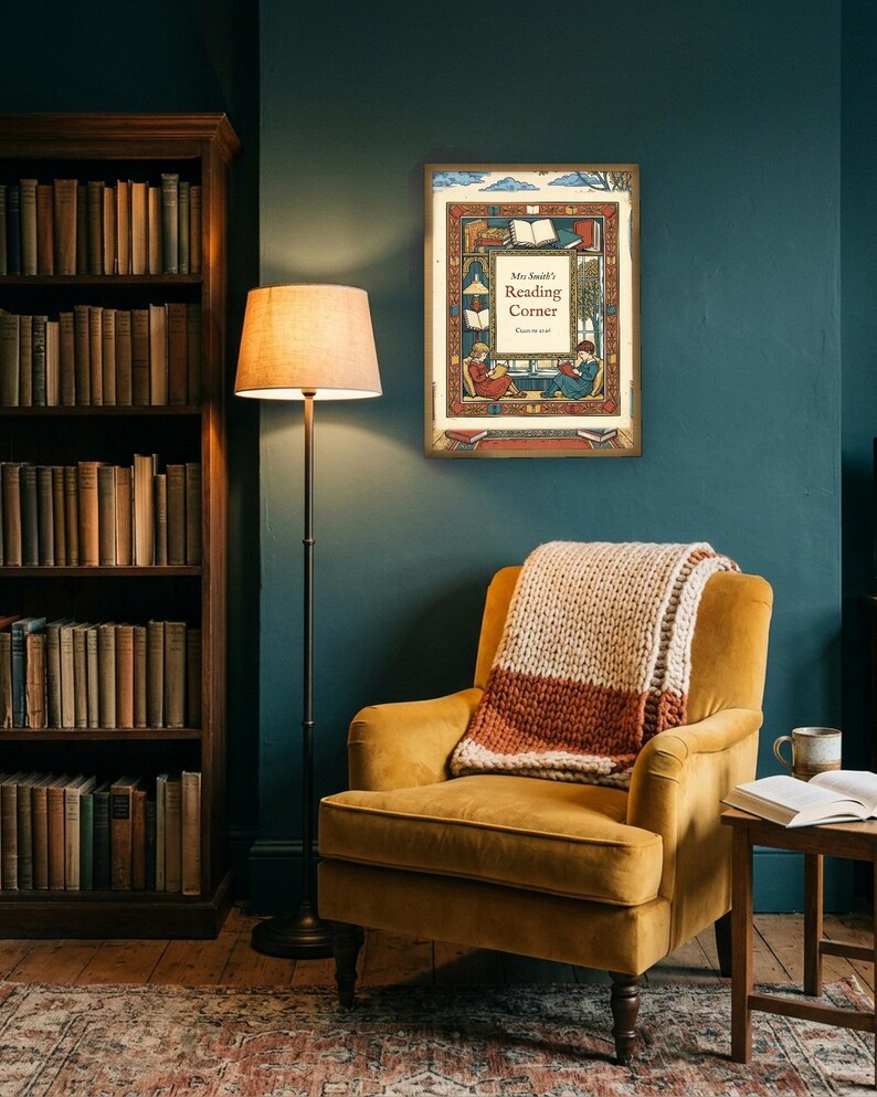 Personalised reading corner bookplate print in engraved ink on cream: a border of stacked books, a reading lamp and an open window, with Ex Libris above and a teacher's name and class year set in the centre.