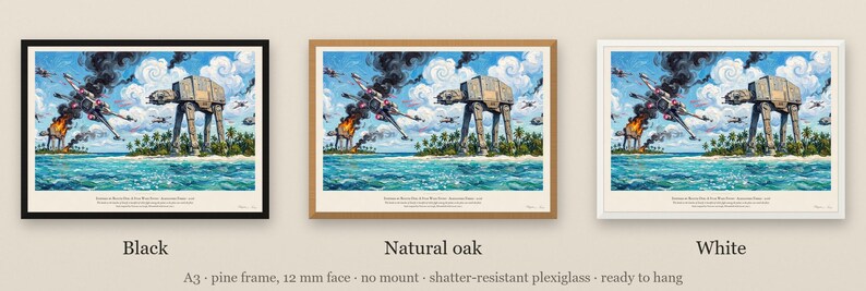 Rogue One battle of Scarif art print in Van Gogh style: starfighters dive over a turquoise lagoon as armoured walkers stride through palm trees, one burning, under swirling clouds and black smoke. Shown framed in black, white or natural oak and unframed, with the style reference and behind-the-scenes shots.