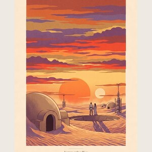Twin suns sci fi art print in French colour lithograph style: two figures watch twin suns set over a desert homestead of domes and water towers at dusk. Shown framed in black, white or natural oak and unframed, with the style reference and behind-the-scenes shots.
