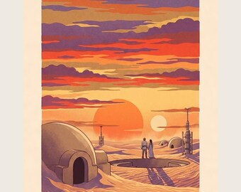 Twin Suns Sci Fi Art Print, Binary Sunset Desert Homestead, Retro Lithograph Style Wall Art