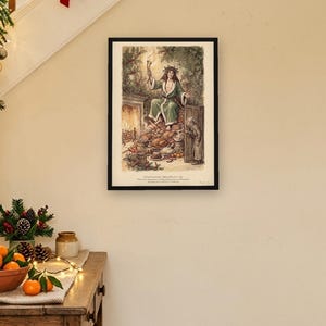 A Christmas Carol art print in Edwardian ink and watercolour style: the Ghost of Christmas Present in a green fur-trimmed robe and holly crown sits on a heap of Christmas food as Scrooge peers round the door. Shown framed in black, white or natural oak and unframed, with the style reference and behind-the-scenes shots.