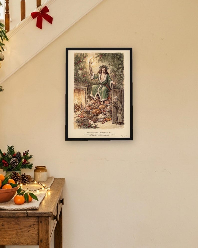 A Christmas Carol art print in Edwardian ink and watercolour style: the Ghost of Christmas Present in a green fur-trimmed robe and holly crown sits on a heap of Christmas food as Scrooge peers round the door. Shown framed in black, white or natural oak and unframed, with the style reference and behind-the-scenes shots.
