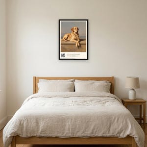 Personalised dog memorial print in the style of Edwin Landseer: a gentle portrait of a dog at rest, with Lord Byron's epitaph, Beauty without Vanity, Strength without Insolence, Courage without Ferocity, and a line for the dog's name and years.