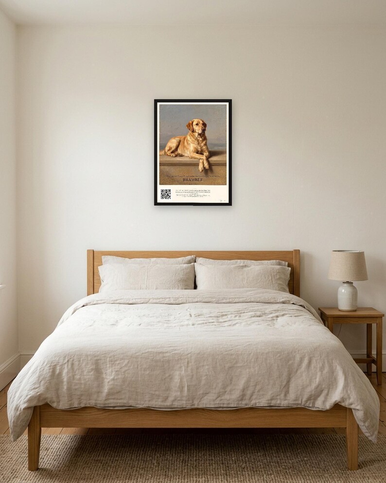 Personalised dog memorial print in the style of Edwin Landseer: a gentle portrait of a dog at rest, with Lord Byron's epitaph, Beauty without Vanity, Strength without Insolence, Courage without Ferocity, and a line for the dog's name and years.