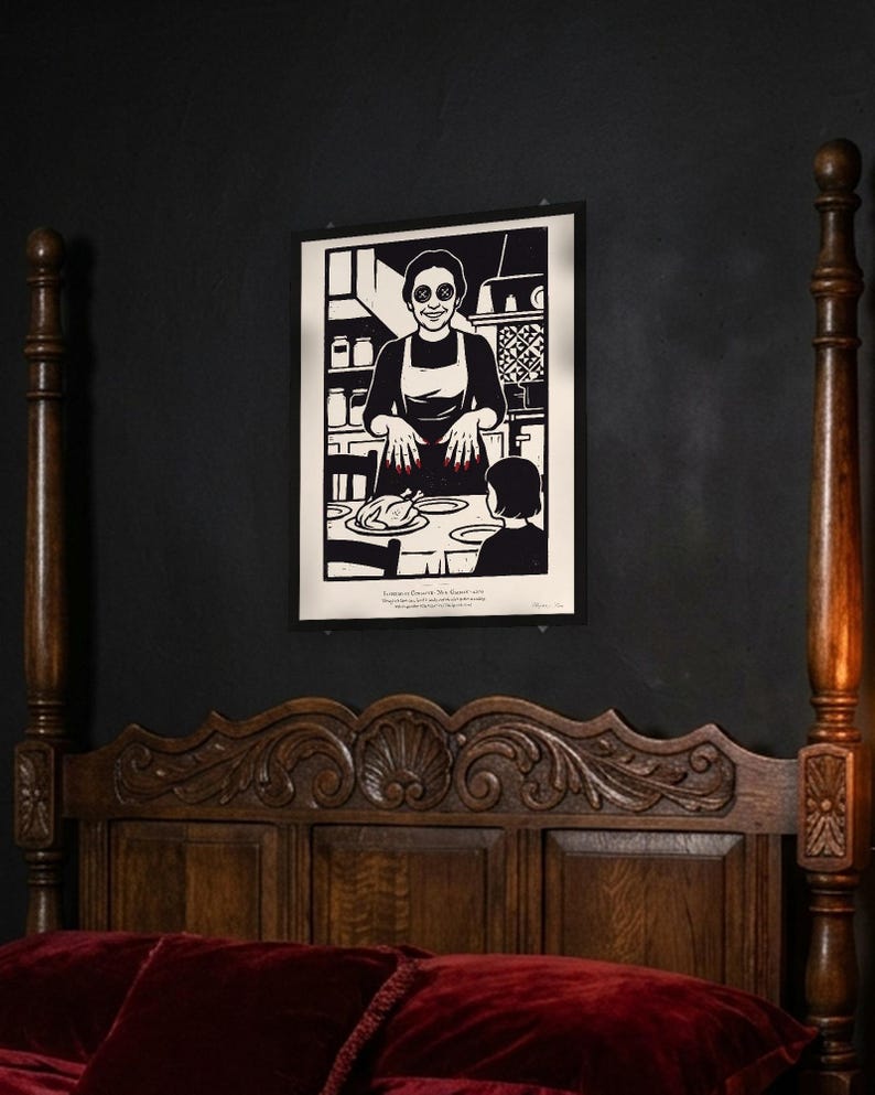 Coraline inspired art print in black woodcut style: the Other Mother with black button eyes and red fingernails smiles over a roast chicken as Coraline, seen from behind, sits at the table. Shown framed in black, white or natural oak and unframed, with the style reference and behind-the-scenes shots.