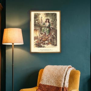 A Christmas Carol art print in Edwardian ink and watercolour style: the Ghost of Christmas Present in a green fur-trimmed robe and holly crown sits on a heap of Christmas food as Scrooge peers round the door. Shown framed in black, white or natural oak and unframed, with the style reference and behind-the-scenes shots.