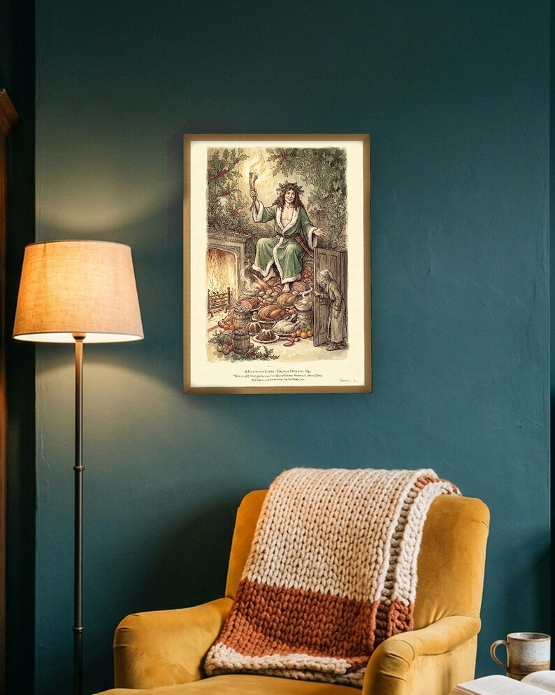 A Christmas Carol art print in Edwardian ink and watercolour style: the Ghost of Christmas Present in a green fur-trimmed robe and holly crown sits on a heap of Christmas food as Scrooge peers round the door. Shown framed in black, white or natural oak and unframed, with the style reference and behind-the-scenes shots.