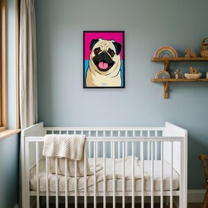 Personalised pet portrait print: Pop art, A3 in a black frame, duck-egg nursery