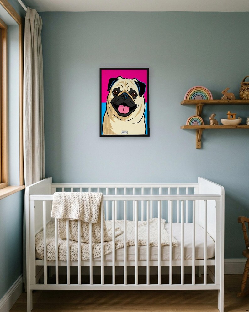 Personalised pet portrait print: Pop art, A3 in a black frame, duck-egg nursery