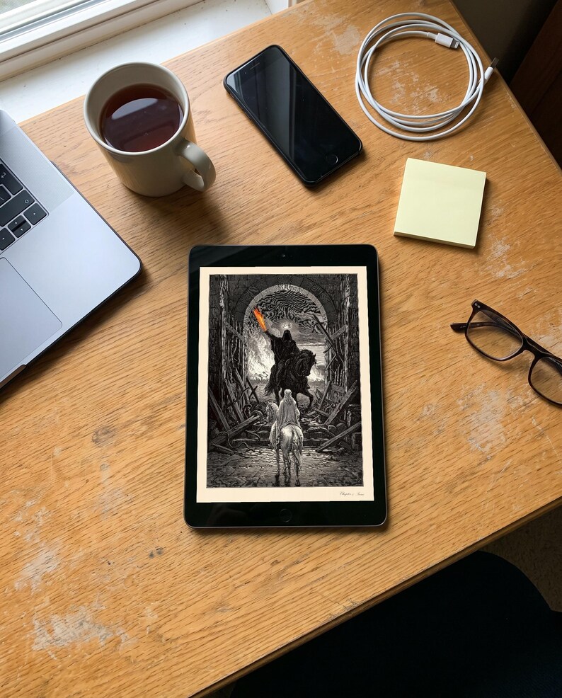 Lord of the Rings Art Print, Minas Tirith Gate Wood Engraving Poster, Dark Fantasy Tolkien Gift image 8