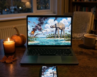 Star Wars-achtergronden en printbare muurdecoratie, Slag om Scarif uit Rogue One, Van Gogh-achtige bureaublad- en telefoonachtergronden om te downloaden.