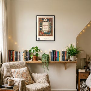 Personalised reading corner bookplate print in engraved ink on cream: a border of stacked books, a reading lamp and an open window, with Ex Libris above and a teacher's name and class year set in the centre.
