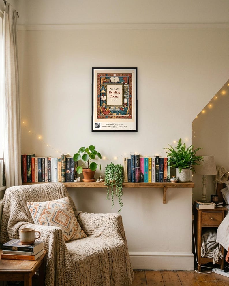Personalised reading corner bookplate print in engraved ink on cream: a border of stacked books, a reading lamp and an open window, with Ex Libris above and a teacher's name and class year set in the centre.